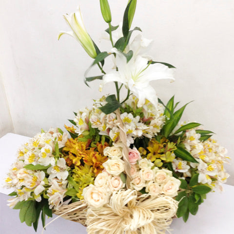 Spring Arrangement - Roses, Alstromeria, Lilies in a Basket
