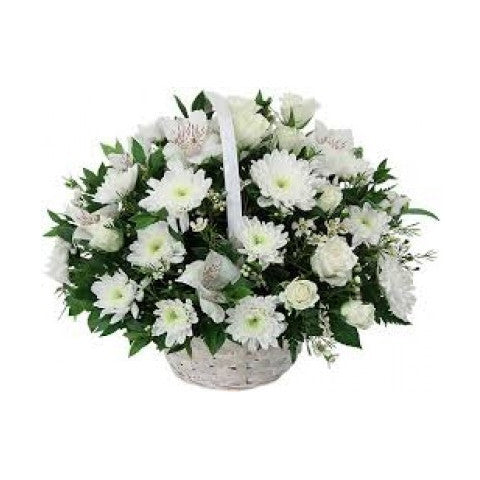 Basket of white sympathy flowers