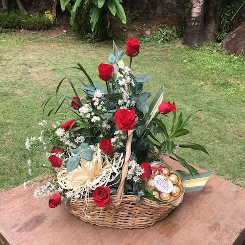 Basket of 12 Red Roses and Chocolates or Food for the God