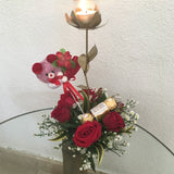 Vase of gold candle rose with six roses, teddy bear, and chocolate